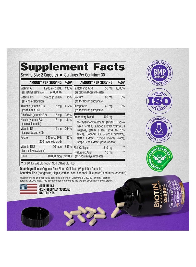 Biotin Collagen Keratin Clinically Tested Supplement Hair Growth Support Skin & Nails 25000 mcg Vitamins B2 B3 B6 & B7 B1 & Hyaluronic Acid 60 Capsules  - Image 3