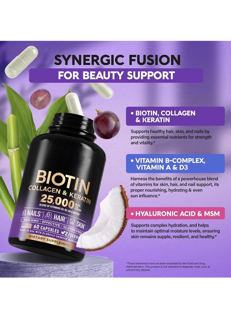 Biotin Collagen Keratin Clinically Tested Supplement Hair Growth Support Skin & Nails 25000 mcg Vitamins B2 B3 B6 & B7 B1 & Hyaluronic Acid 60 Capsules  - Image 4