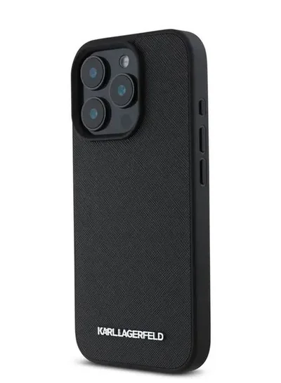 Karl Lagerfeld Saffiano Leather Hard Case with Elongated Metal Logo for iPhone 16 Pro / Drop Protection/ Slim Profile - Black