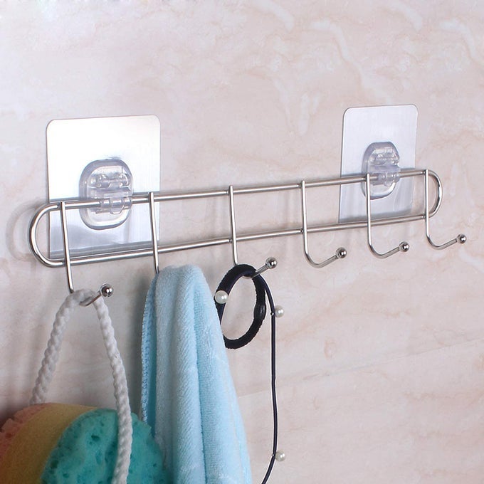 STAINLESS STEEL BATHROOM WALL HOOK 6 HOOKS CLOTH HANGER BATHROOM WALL DOOR HOOK MAGIC STICKER SELF ADHESIVE FOR BATHROOM TOWEL RAIL KITCHEN HANGER HOOKS CAPACITY5 KG SILVER