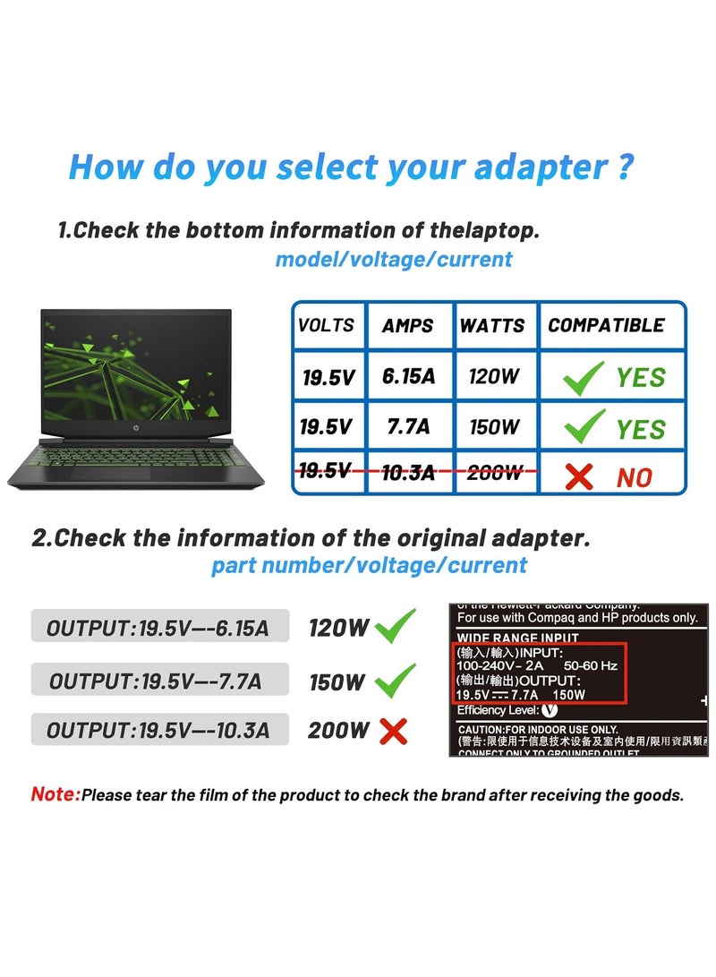 150W 19.5V 7.7A Laptop Charger Compatible with HP ZBook 15 16 17 15U G3 G4 G5 G6 G7 G8 G9 Firefly G10 G9 G8 G7 Fury 15 17 G7 G8 G9 Power G10 G9 G9 8 G7 Power Supply Cord Adapter by Studio - Image 3