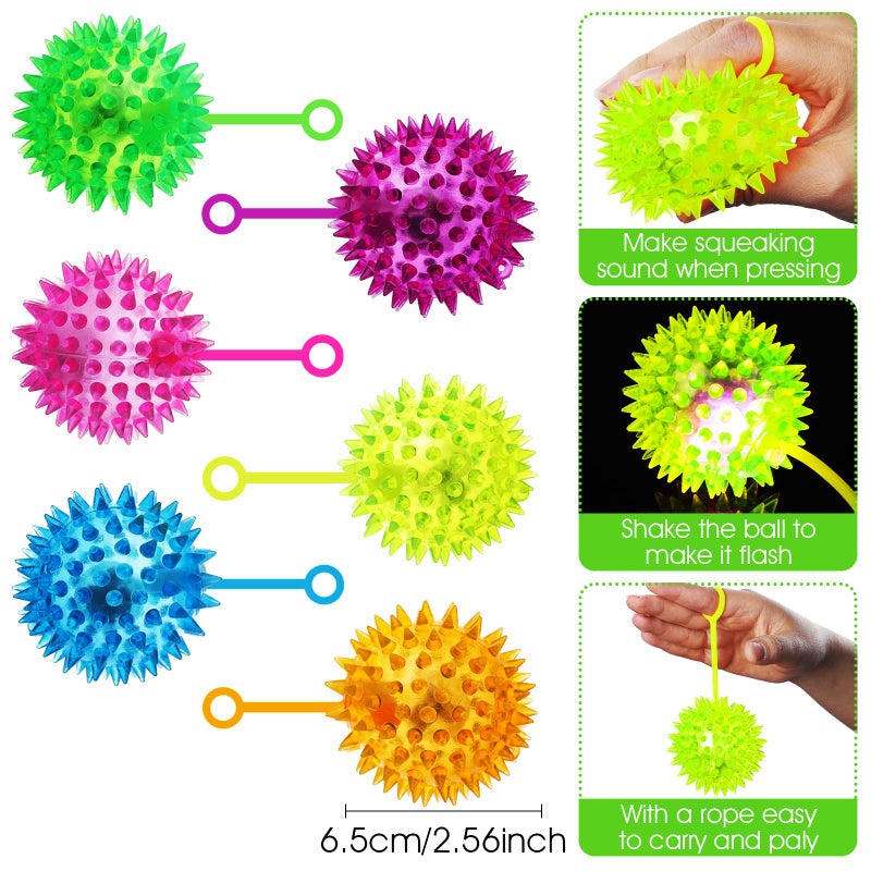 Civaner 24 Pcs Light up Balls LED Flashing Spiky Bouncy Balls 256 Inch Sensory Toys Bulk Light up with Rope Flash Squeaky Rubber Fidget Toy Spiky Party Favors for Rewards Gifts 6 Colors - Image 3