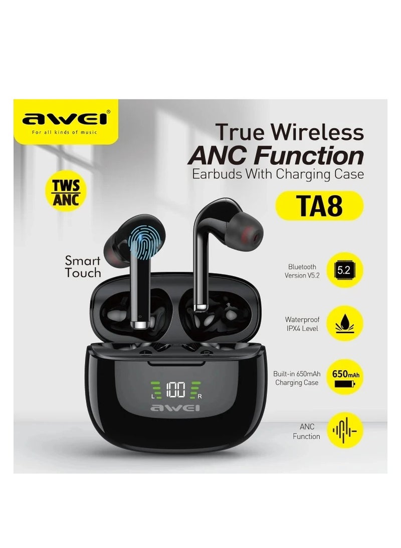 Awei TA8 Bluetooth Earphones - Active Noise Cancellation, Waterproof, Long Battery, Digital Display Black  - Image 2