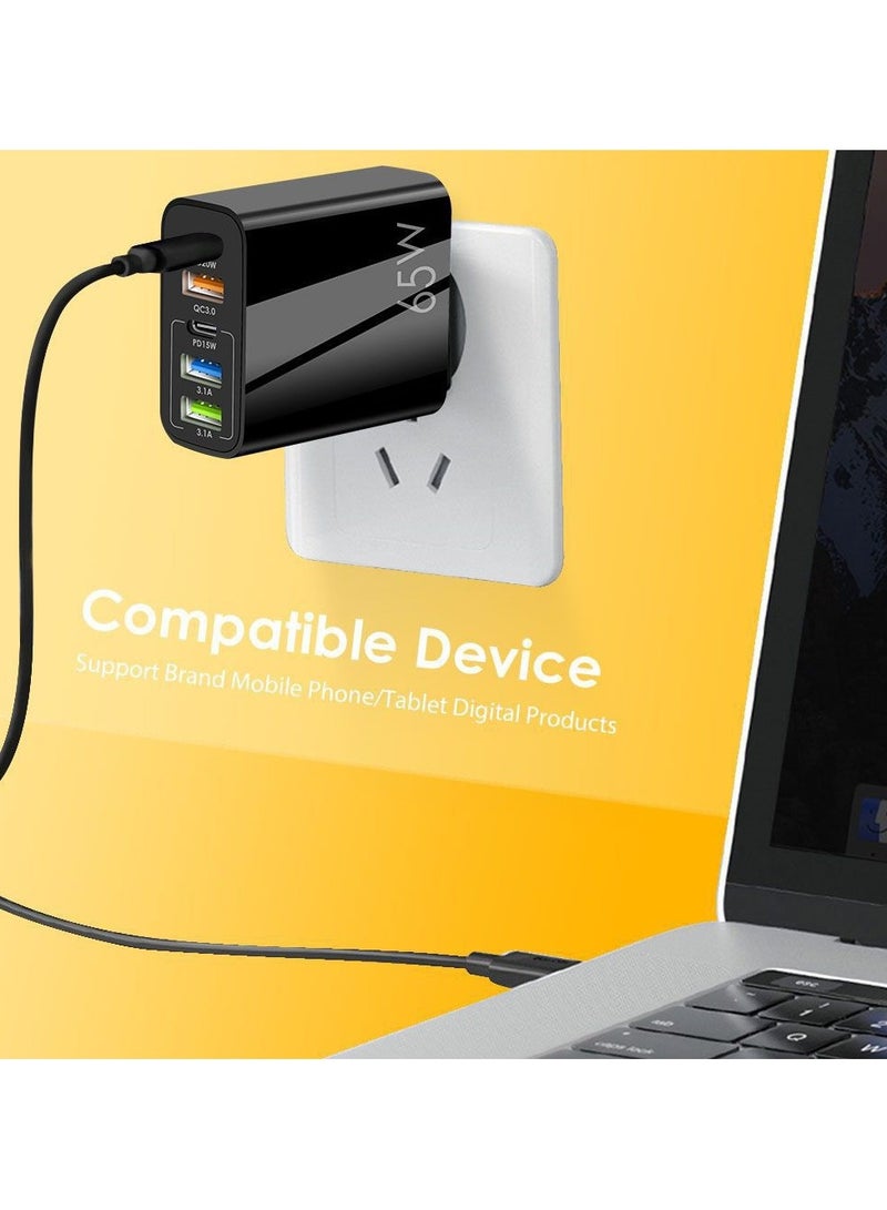 65W Fast Charger Head, 5 Ports Multifunctional Universal Fast Charging Adapter Mobile, Phone Charger Qc3.0 Pd20w Usb3.1a Universal Travel Adapter (Black) - Image 5