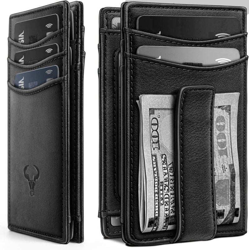 Contacts RFID Blocking Magnetic Closure Slim Genuine Leather Front Pocket Wallet for Men Holds up to 12 Cards Including 1 ID Window Along with Money Clip (Black) - Image 1