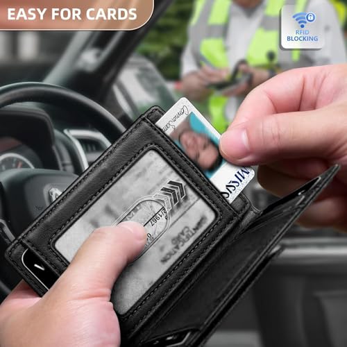 Contacts RFID Blocking Magnetic Closure Slim Genuine Leather Front Pocket Wallet for Men Holds up to 12 Cards Including 1 ID Window Along with Money Clip (Black) - Image 3