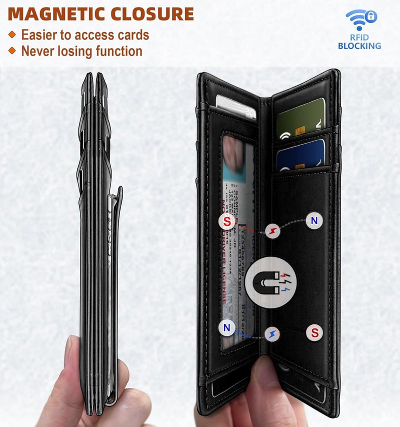Contacts RFID Blocking Magnetic Closure Slim Genuine Leather Front Pocket Wallet for Men Holds up to 12 Cards Including 1 ID Window Along with Money Clip (Black) - Image 4