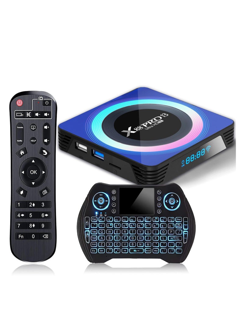 Excefore TV Box for Android 13.0, Smart TV Box, 4GB 32GB X88 Pro 13 Android tv Box, RK3528 4K 6K 8K 2.4G/5G WiFi 6 USB 3.0 BT 5.0 Ultra HDR 10+ with Wireless Backlit Keyboard - Image 1