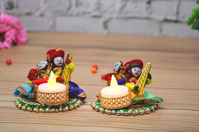 JH Gallery Recycled Material Rajasthani Raja Rani Puppet Dolls Decorative Tealight Candle Holder Multicolor (Pack of 2) - Image 1