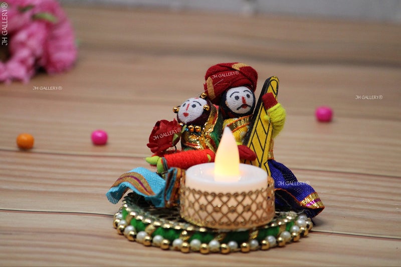 JH Gallery Recycled Material Rajasthani Raja Rani Puppet Dolls Decorative Tealight Candle Holder Multicolor (Pack of 2) - Image 3
