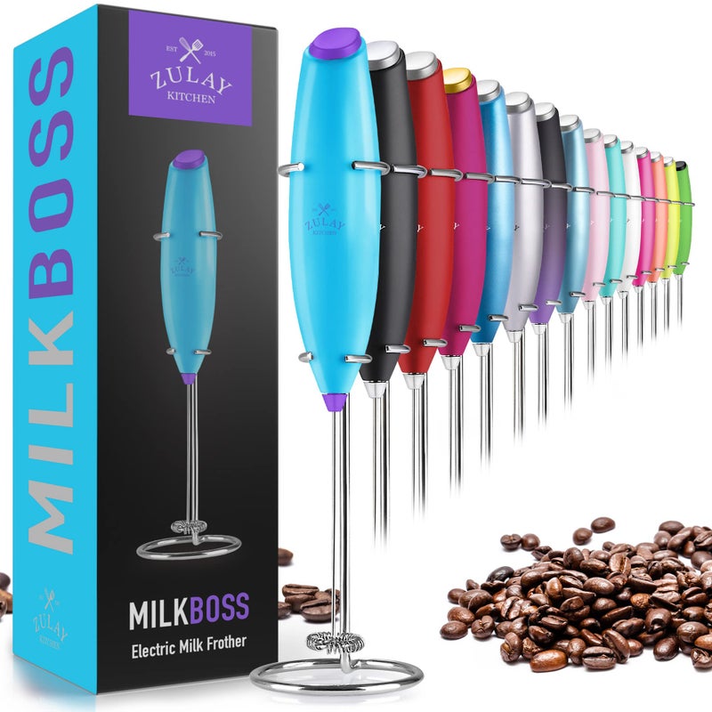 Zulay Kitchen Zulay Powerful Milk Frother Handheld Foam Maker for Lattes - Whisk Drink Mixer for Coffee, Mini Foamer for Cappuccino, Frappe, Matcha, Hot Chocolate by Milk Boss (Teal/Purple) - Image 1