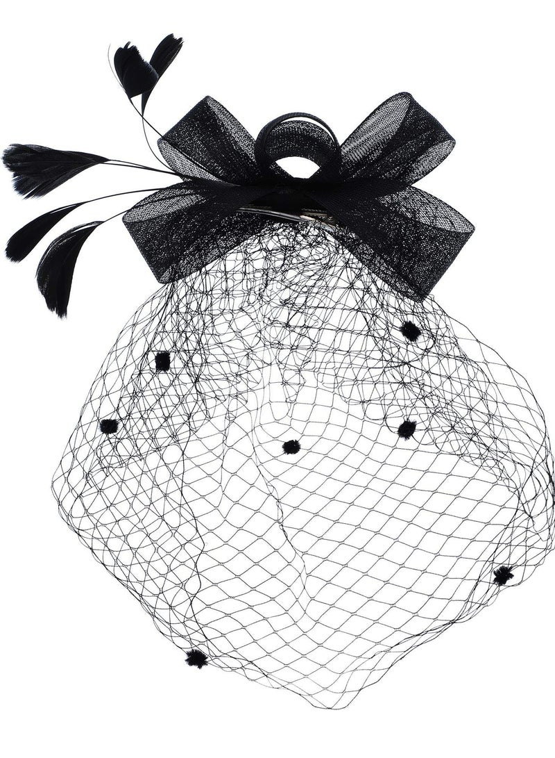 SYOSI Hat for Women Hat Pillbox Hat Hat Feathers Veil Mesh Headband and Short Lace Gloves Floral Lace Gloves Tea Party Wedding Flower Cocktail Mesh Feathers Hair Clip  - Image 5
