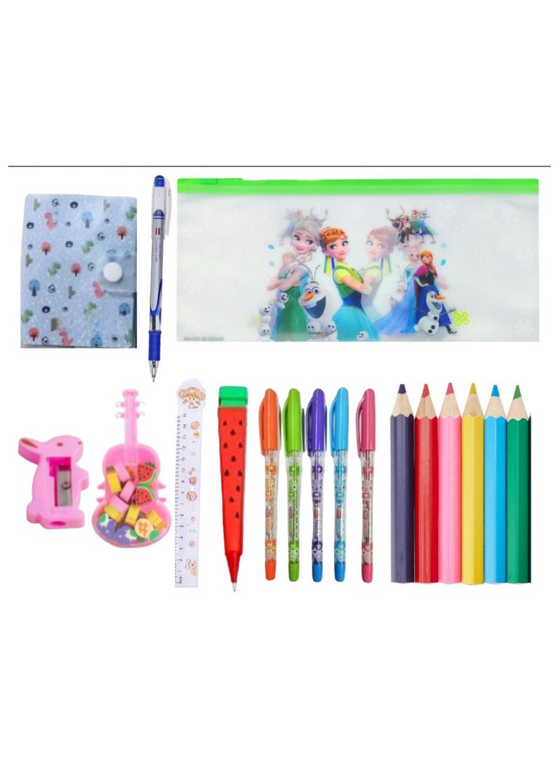 مجموعة أدوات مدرسية مكونة من 18 قطعة (مقلمة سوستة + 6 الوان خشب + 4 الوان قلم ملون + قلم سنون بطيخة + استيكة جيتار+براية ارنب + نوت بوك بكلبس +مسطرة 15 سم ) - Image 1