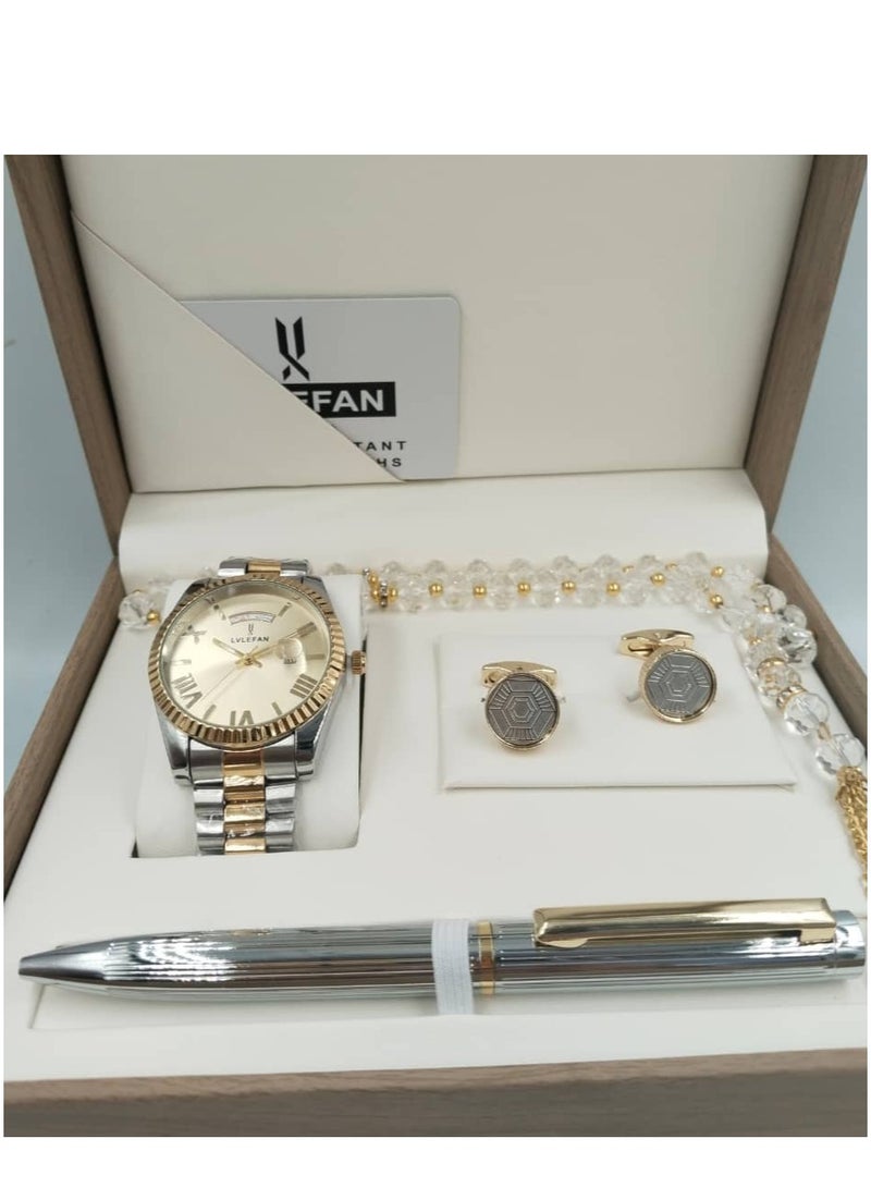 ليفان طقم هدية ساعة رجالية راقية و بجودة عالية, سوار فضي مع ذهبي و ميناء ذهبي مع عرض التاريخ