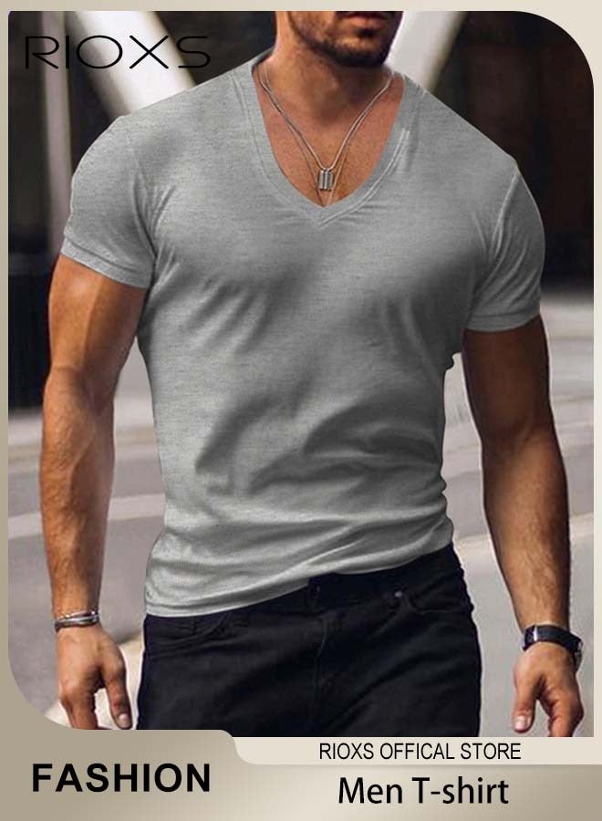 RIOXS Men V-Neck T-Shirt, Casual Basic Shirts, Summer Slim-fit Top, Made of High-Quality Materials, Perfect for Beach, Vacation, Party, Sports, Dating or Daily Casual Wear  - Image 1