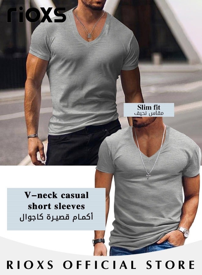 RIOXS Men V-Neck T-Shirt, Casual Basic Shirts, Summer Slim-fit Top, Made of High-Quality Materials, Perfect for Beach, Vacation, Party, Sports, Dating or Daily Casual Wear  - Image 4