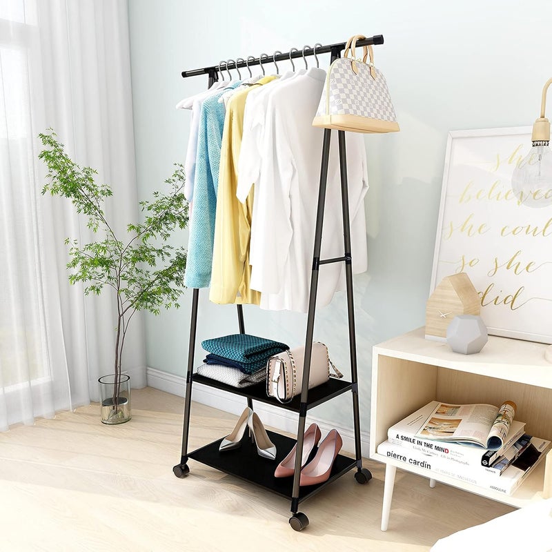 SHOWAY Clothes Rack Metal Garment Rack with 2-tier Shelves for bedroom Rolling clothing rack for Hanging Clothes on Wheels for Hanging Clothes,clothes rack Black - Image 2
