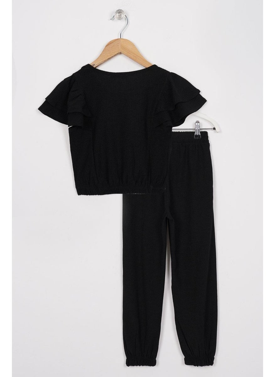 WEWE Crew Neck Ruffle Sleeves Frilled Sleeve Edges Elastic Waist Legs Black Color Girl's Two Piece Set  - Image 2