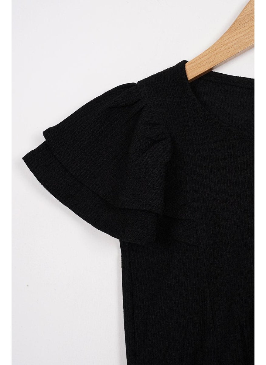 WEWE Crew Neck Ruffle Sleeves Frilled Sleeve Edges Elastic Waist Legs Black Color Girl's Two Piece Set  - Image 1