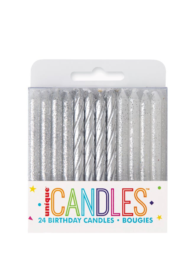 Unique Silver Glitter Spiral Birthday Candles - Pack Of 24 - Image 1