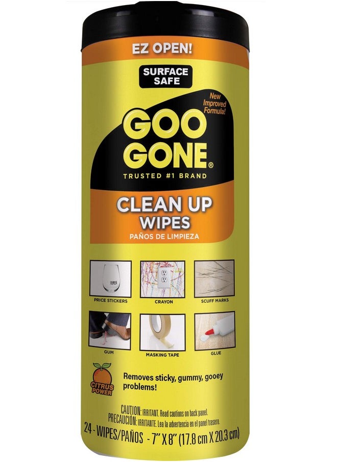 Goo Gone Clean Up Wipes Adhesive Remover - 24 Count - Removes Adhesive Residue Labels Stickers Crayon Tree Sap Gum Masking Tape Glue And More  - Image 1