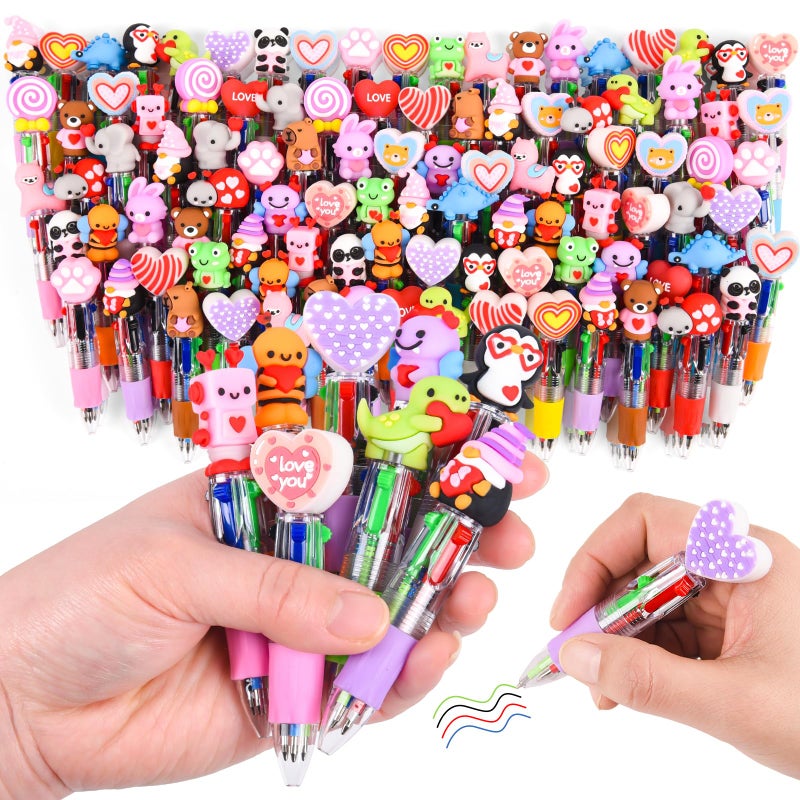 LiYiQ 100 Pcs Valentine's Day Animal Multicolor Pen in One Cartoon Cute Fun 4-in-1 Cute Pens Bulk Kawaii Heart Capybara Frog Panda Shape Lovely Ballpoint Pens for Fun Gifts - Image 1