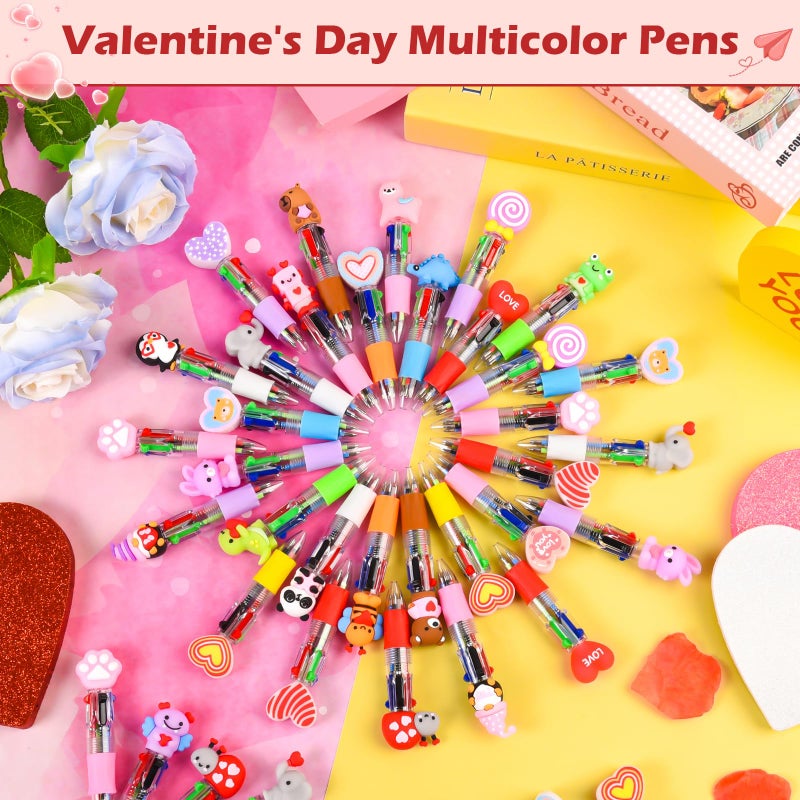 LiYiQ 100 Pcs Valentine's Day Animal Multicolor Pen in One Cartoon Cute Fun 4-in-1 Cute Pens Bulk Kawaii Heart Capybara Frog Panda Shape Lovely Ballpoint Pens for Fun Gifts - Image 3