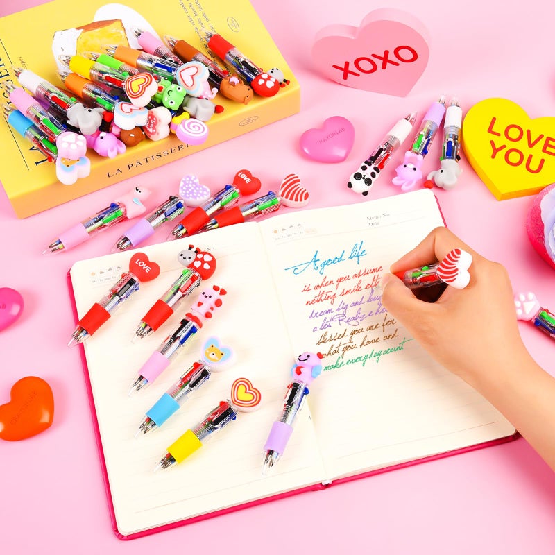 LiYiQ 100 Pcs Valentine's Day Animal Multicolor Pen in One Cartoon Cute Fun 4-in-1 Cute Pens Bulk Kawaii Heart Capybara Frog Panda Shape Lovely Ballpoint Pens for Fun Gifts - Image 4