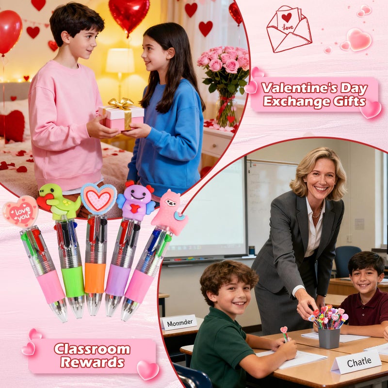 LiYiQ 100 Pcs Valentine's Day Animal Multicolor Pen in One Cartoon Cute Fun 4-in-1 Cute Pens Bulk Kawaii Heart Capybara Frog Panda Shape Lovely Ballpoint Pens for Fun Gifts - Image 5
