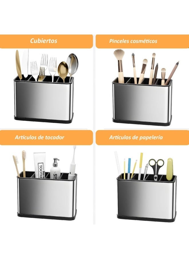 Salab Kitchen Utensil Holder, Stainless Steel Utensil Drying Rack Flatware Holder Sinkware Caddy Countertop Organizer with 4 Divided Compartments, 4 Compartments Large Stainless Steel Utensil Holder - Image 3
