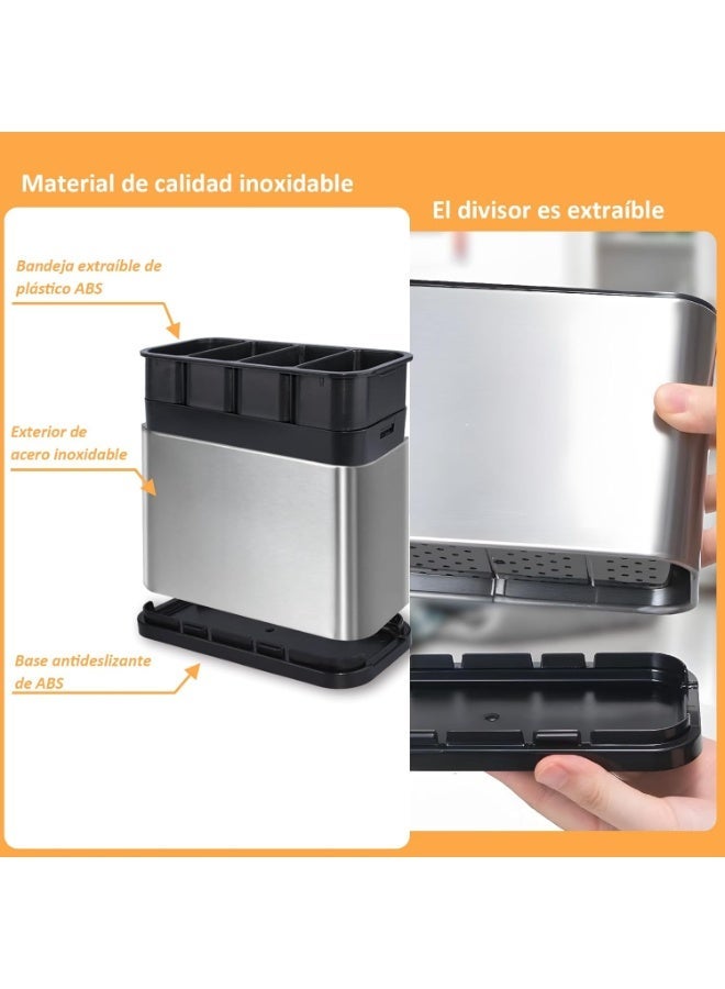 Salab Kitchen Utensil Holder, Stainless Steel Utensil Drying Rack Flatware Holder Sinkware Caddy Countertop Organizer with 4 Divided Compartments, 4 Compartments Large Stainless Steel Utensil Holder - Image 4