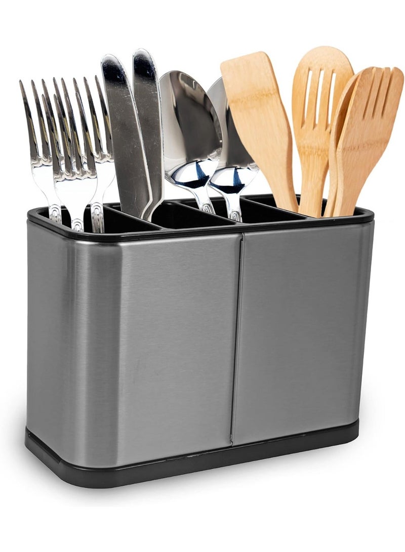 Salab Kitchen Utensil Holder, Stainless Steel Utensil Drying Rack Flatware Holder Sinkware Caddy Countertop Organizer with 4 Divided Compartments, 4 Compartments Large Stainless Steel Utensil Holder - Image 1