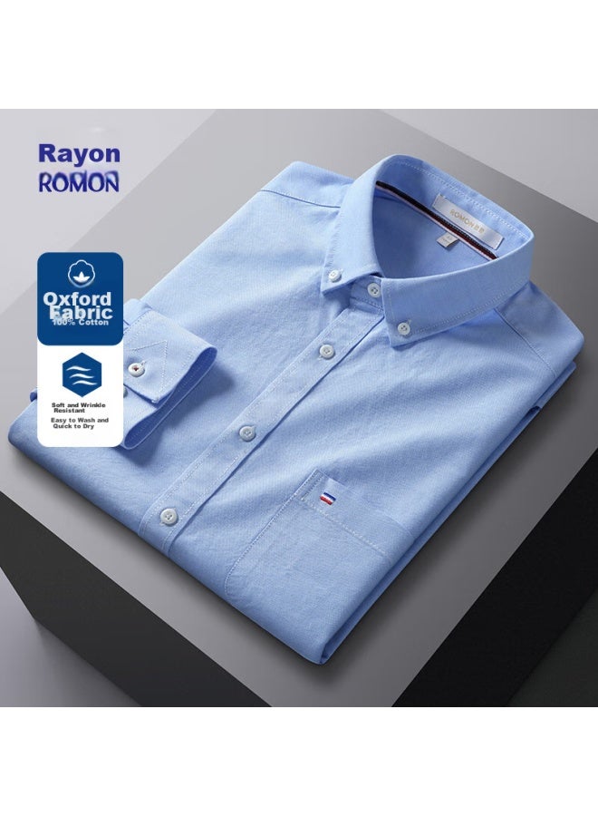 Romon Pure Cotton Oxford Yarn Long-sleeve Shirt For Men, Spring And Autumn, Middle-aged And Young, Fashionable Professional Work Uniform Shirt, 1085 Blue, Size 40 - Image 2