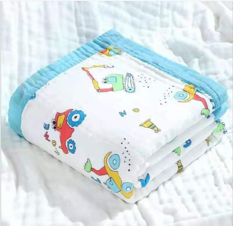 MosQuick®- 100% Cotton 6 Layer Muslin Soft Blanket Ideal Baby Blanket for 0-5 Years Perfect New Born Baby Gifts. Premium Blanket for Kids 110cm x110 cm 0-4 Years - Construction Vehicles. - Image 1