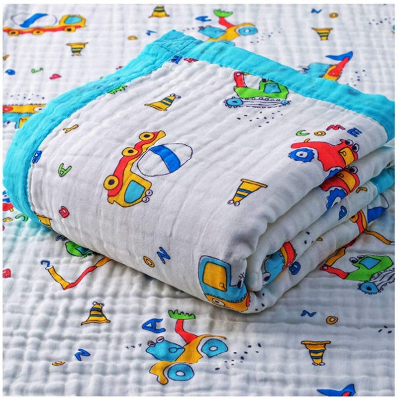 MosQuick®- 100% Cotton 6 Layer Muslin Soft Blanket Ideal Baby Blanket for 0-5 Years Perfect New Born Baby Gifts. Premium Blanket for Kids 110cm x110 cm 0-4 Years - Construction Vehicles. - Image 2