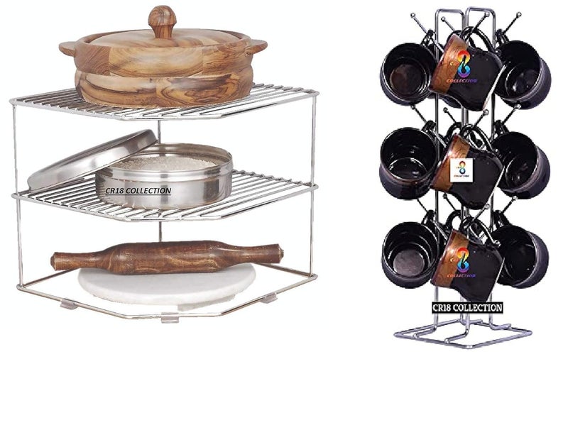 رف زاوية قائم متعدد الاستخدامات من الفولاذ المقاوم للصدأ لتخزين الأطباق والأوعية والأكواب في المطبخ - الحجم (25.5 × 25.5 × 32.0 سم) وحامل أكواب 12 كوب (مجموعة)