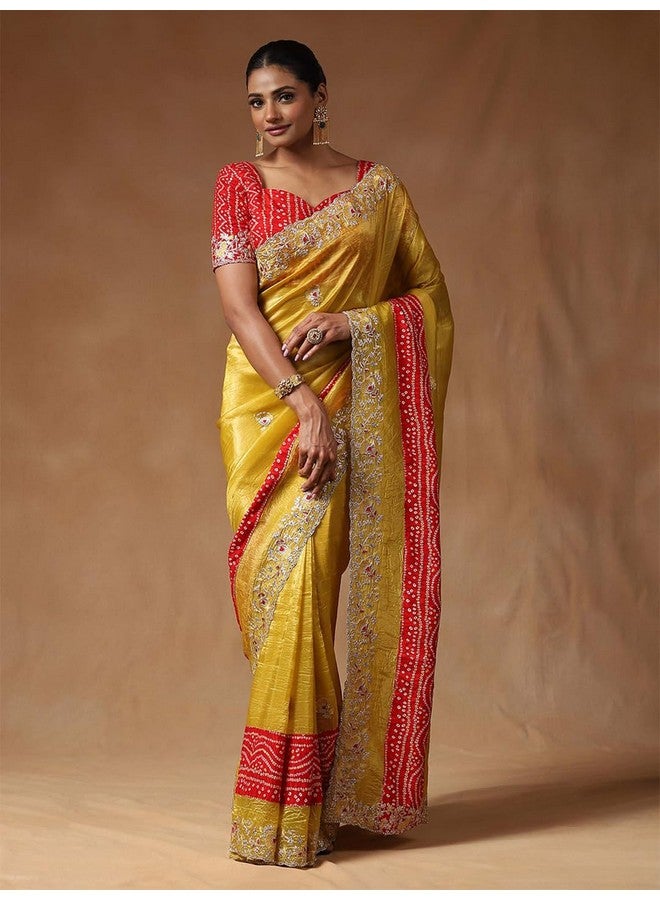 saree mall ساري مول ساري نسائي أصفر مزخرف بالأزهار مع قطعة بلوز غير مخيطة (ANIKA1601_AG) - Image 4