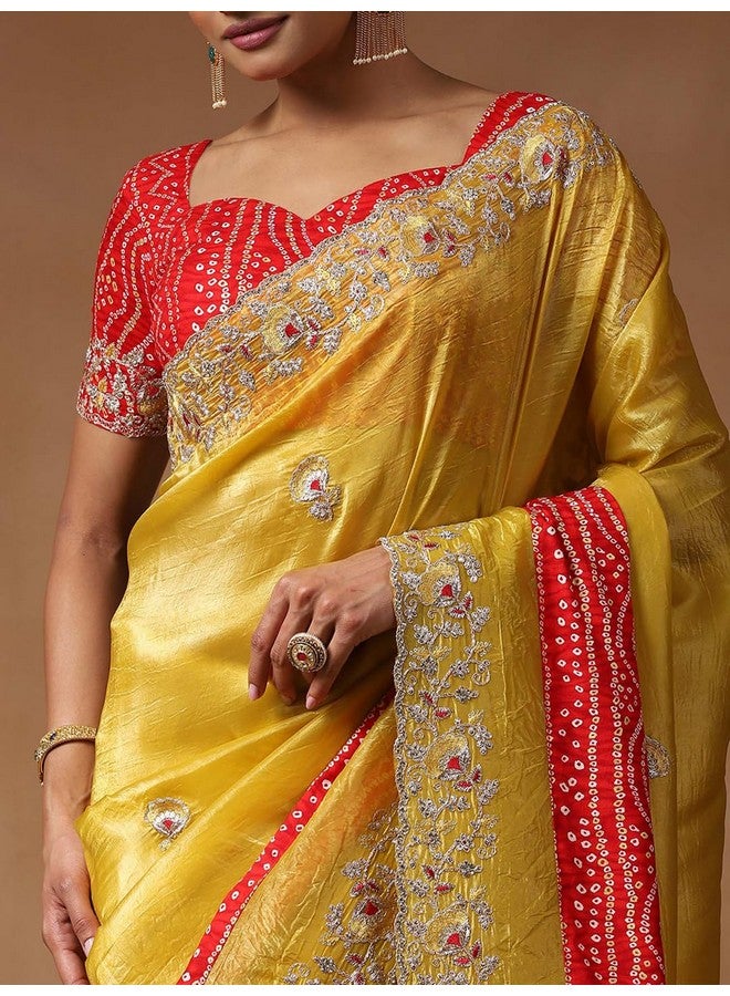 saree mall ساري مول ساري نسائي أصفر مزخرف بالأزهار مع قطعة بلوز غير مخيطة (ANIKA1601_AG) - Image 5