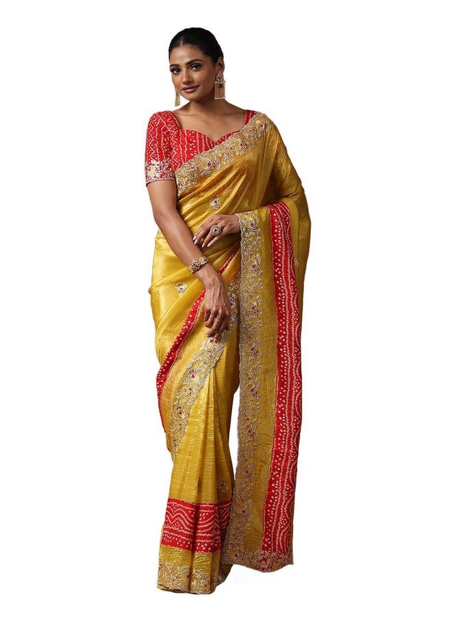 saree mall ساري مول ساري نسائي أصفر مزخرف بالأزهار مع قطعة بلوز غير مخيطة (ANIKA1601_AG) - Image 1