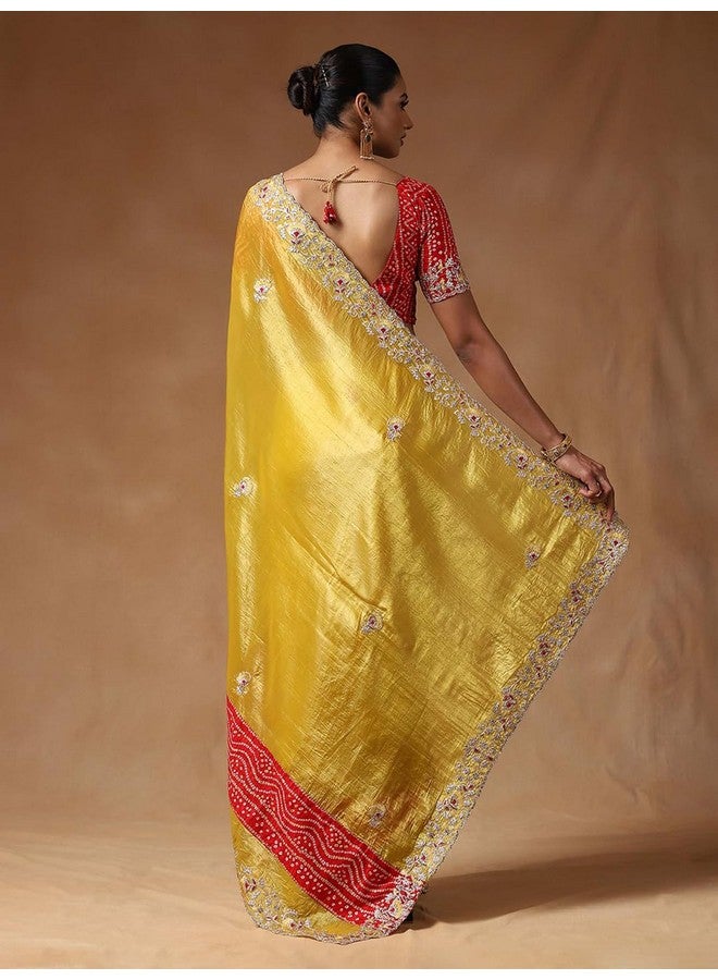 saree mall ساري مول ساري نسائي أصفر مزخرف بالأزهار مع قطعة بلوز غير مخيطة (ANIKA1601_AG) - Image 2