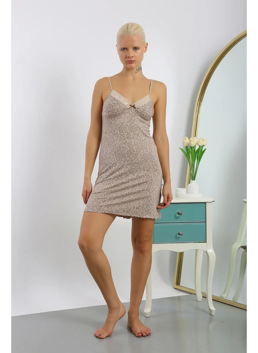اكبينيز Women's Combed Mink Leopard Patterned Rope Strap Nightgown 36717