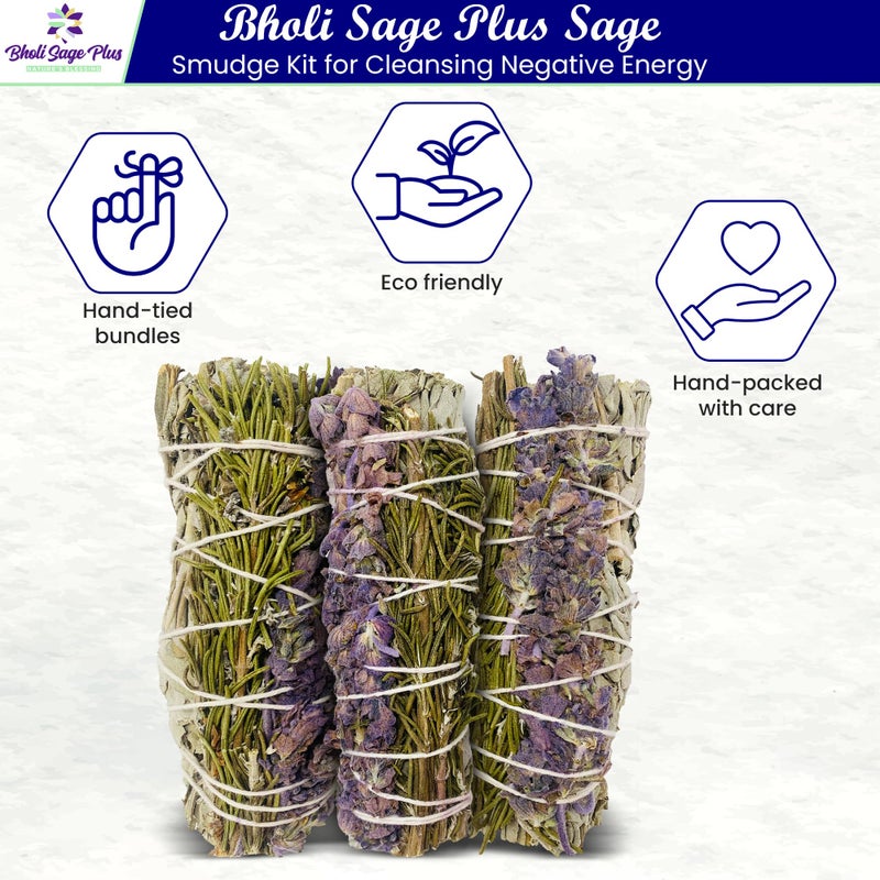 BHOLI SAGE PLUS Sage Smudge Kit for Cleansing Negative Energy, Home and Creating The Energy of Happiness Rosemary & Lavender Sage Smudge Sticks with White Sage Pack of 3 - Image 2