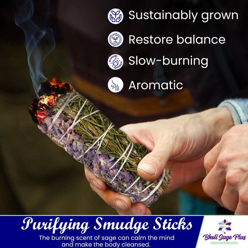 BHOLI SAGE PLUS Sage Smudge Kit for Cleansing Negative Energy, Home and Creating The Energy of Happiness Rosemary & Lavender Sage Smudge Sticks with White Sage Pack of 3 - Image 4