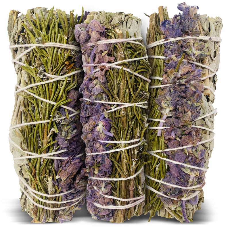 BHOLI SAGE PLUS Sage Smudge Kit for Cleansing Negative Energy, Home and Creating The Energy of Happiness Rosemary & Lavender Sage Smudge Sticks with White Sage Pack of 3 - Image 1