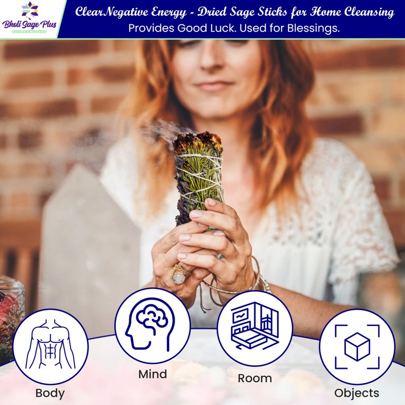 BHOLI SAGE PLUS Sage Smudge Kit for Cleansing Negative Energy, Home and Creating The Energy of Happiness Rosemary & Lavender Sage Smudge Sticks with White Sage Pack of 3 - Image 5