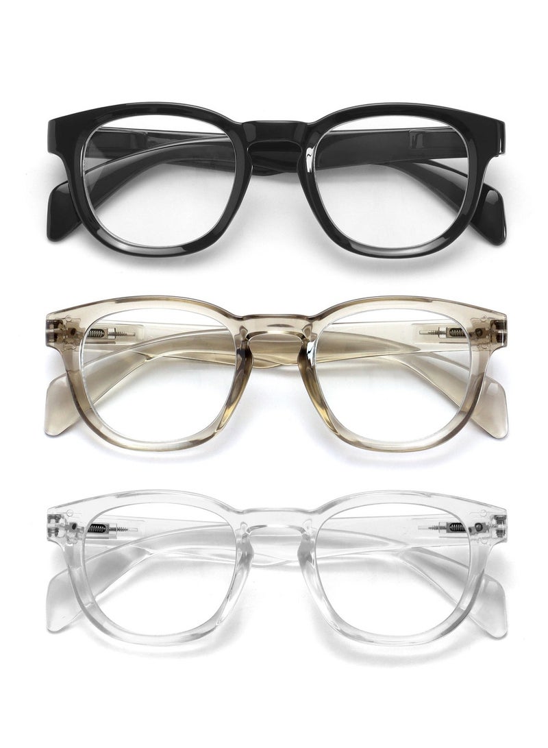OPULIZE AWE Blue Light Blocking Reading Glasses for Women Men - 3 Pack - Retro Round - Anti-Glare Computer & Gaming Eyewear -UV & Eyestrain Protection - Black Transparent Grey Clear +2.00 - Image 1