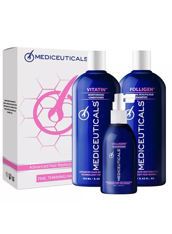 Mediceuticals مجموعة علاج الشعر المتقدمة للنساء من ثيرابرو ميديسوتيكالز، للشعر الرقيق والمتساقط + مشط ذيل مقاوم للحرارة. - Image 1