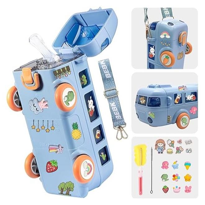 زجاجة مياه للأطفال على شكل باص 500 مل للأولاد والبنات لون أزرق | 1 زجاجة مياه زرقاء على شكل حافلة - Image 1