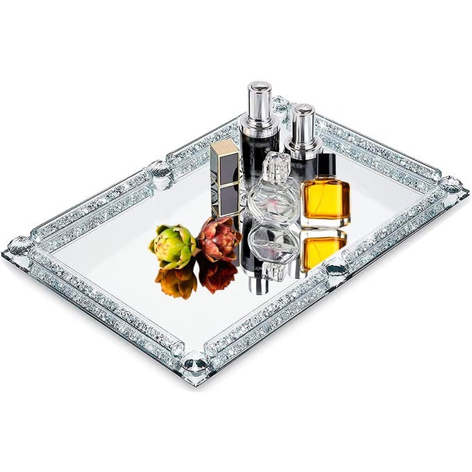 Crystal Glass Tray Modern Mirror Jewelry Dresser Trinket Trays with Crushed Diamond 118 x 79Rectangular Makeup Perfume Tray for Bathroom Bedroom Home Decor Hotel Banquet PartySilver