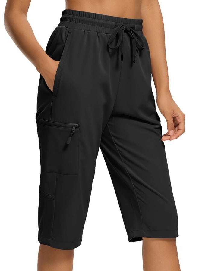 DEVOROPA Women's Hiking Long Shorts Knee Length Lightweight Quick Dry Cargo Athletic Bermuda Beach Shorts with Zipper Pockets, Black, XXL - Image 1